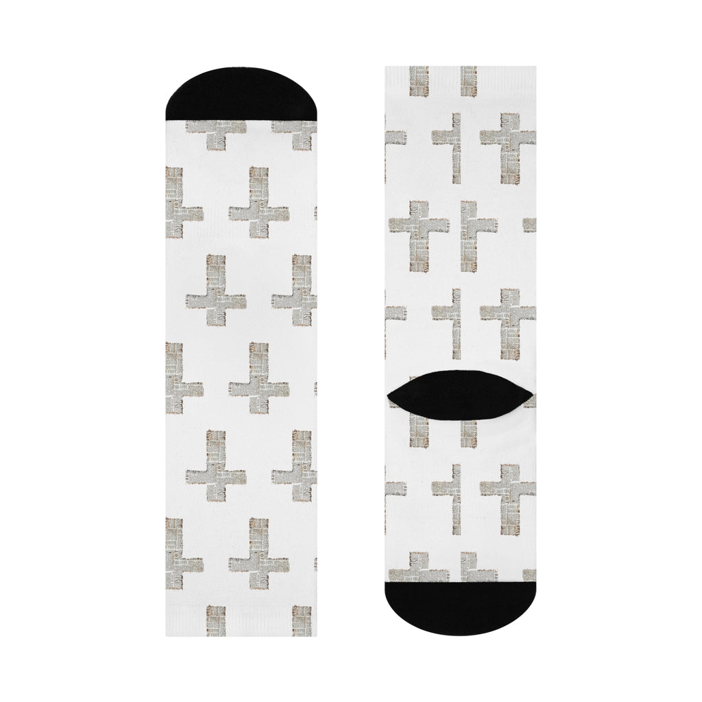 Cross Pattern Cushioned Crew Socks — White Christian Cross Design