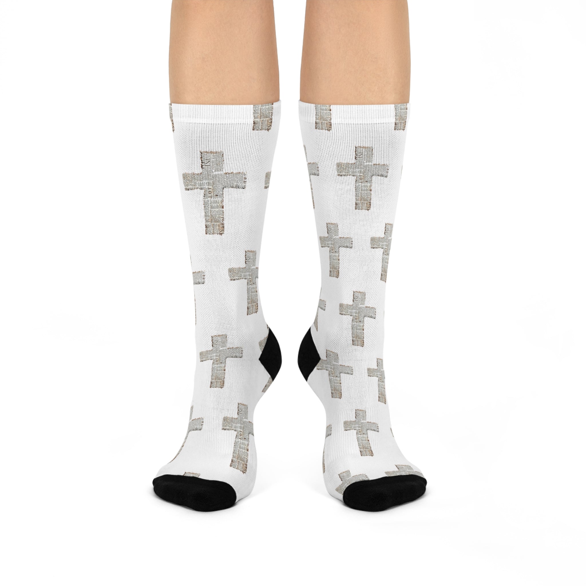 Cross Pattern Cushioned Crew Socks — White Christian Cross Design