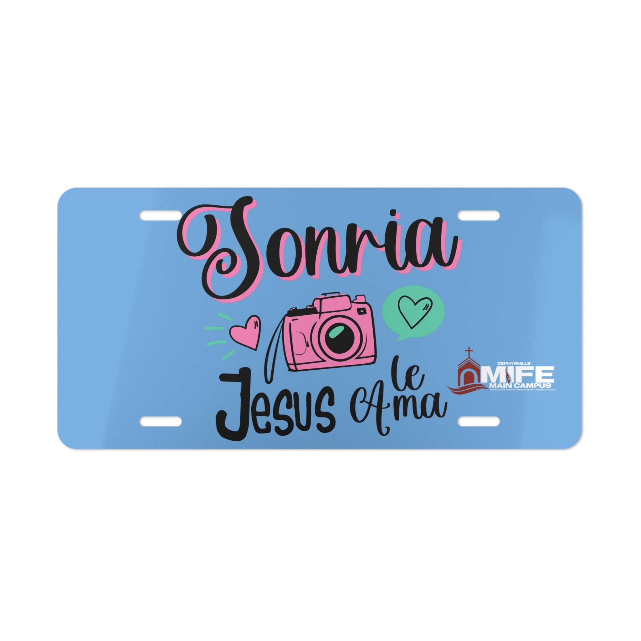 Vanity Plate - 'Sonría, Jesús le Ama' Blue Christian License Plate with Camera & Hearts