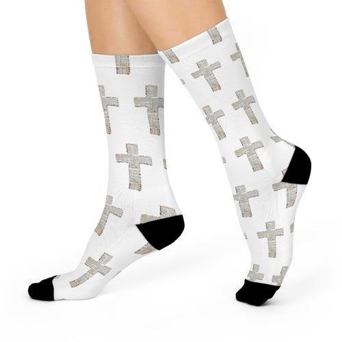 Cross Pattern Cushioned Crew Socks — White Christian Cross Design